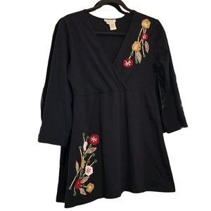 Caite Black Floral Embroidered Tunic, Size Small